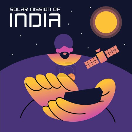 Ilustración de Un indio lee las noticias en su teléfono sobre el lanzamiento de un satélite al sol. Misión espacial india. Ilustración vectorial plana. - Imagen libre de derechos
