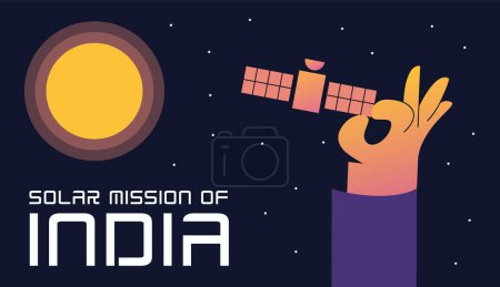 Ilustración de La nave espacial cohete se dirige hacia Aditya. Una mano sostiene un satélite sobre un fondo de estrellas en el espacio. Satélite en dirección al Sol. Misión espacial india. Ilustración vectorial plana. - Imagen libre de derechos