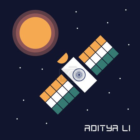 Ilustración de La nave espacial cohete se dirige hacia Aditya. Satélite en dirección al Sol. Misión espacial india. Ilustración vectorial plana. - Imagen libre de derechos