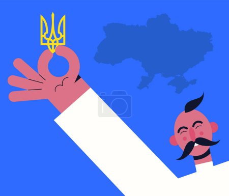 Illustration for Ukrainian Cossack holds the coat of arms of Ukraine against the background of the Map of Ukraine. Flat vector illustration. - Royalty Free Image