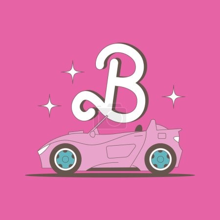 Illustration for Pink Barbie car with a large letter B on the background. Side view. Life in pink color. Barbie film 2023. Flat vector illustration. - Royalty Free Image