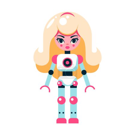 Téléchargez les illustrations : Poupée robot Barbie aux cheveux blancs. Jouet cyborg pour enfants. Illustration vectorielle plate. - en licence libre de droit