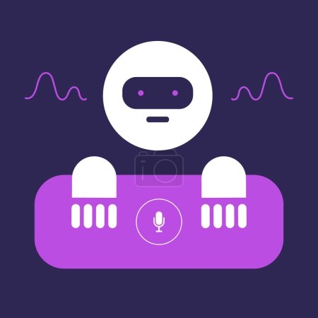 Ilustración de Grabación de voz usando AI. Robot con inteligencia artificial y boombox. Asistente de voz personal. Ilustración vectorial plana - Imagen libre de derechos