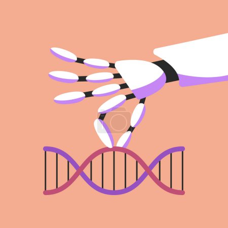 Illustration for Experiment with DNA with Robot. Manipulation of Genes. Genetic Engineering. Flat vector illustration. - Royalty Free Image