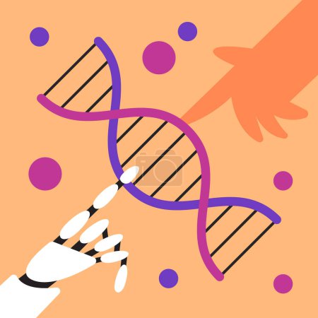 Illustration for Experiment with DNA with AI Robot and Human. Manipulation of Genes. Genetic Engineering. Flat vector illustration. - Royalty Free Image