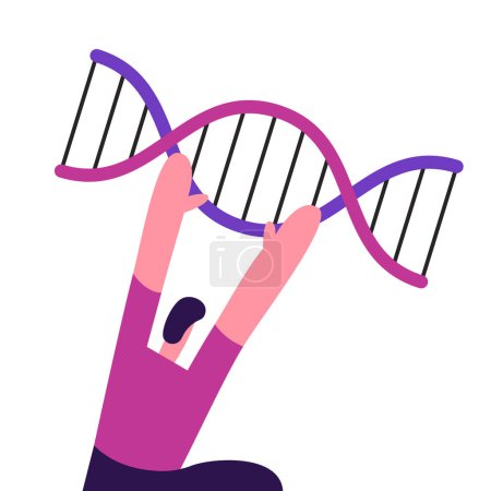 Man holds DNA spirals. Manipulation of Genes. Genetic Engineering. Experiment with DNA. Flat vector illustration. 