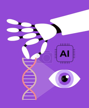 Illustration for Experiment with DNA with AI Vision. Manipulation of Genes. Genetic Engineering. Flat vector illustration. - Royalty Free Image