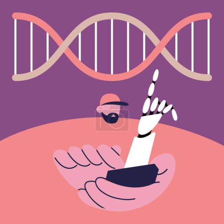 Illustration for AI Robot and Human doing experiment with DNA in app. Manipulation of Genes. Genetic Engineering. Flat vector illustration. - Royalty Free Image