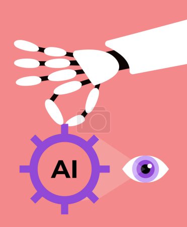 Automation with AI. Quality control of artificial intelligence. Robot tester uses deep machine vision. Flat vector illustration.