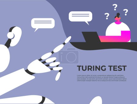 Téléchargez les illustrations : Robot et un scientifique passent le test de Turing. Expérience avec un robot IA. Illustration vectorielle plate. - en licence libre de droit