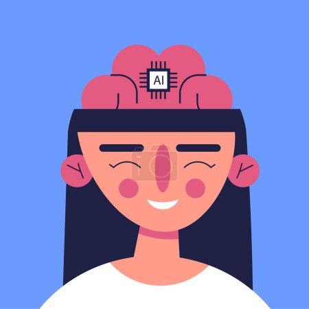 Chip in brain girl to restore autonomy and abilities to people with unmet medical needs. Digital AI brain. Flat vector illustration.