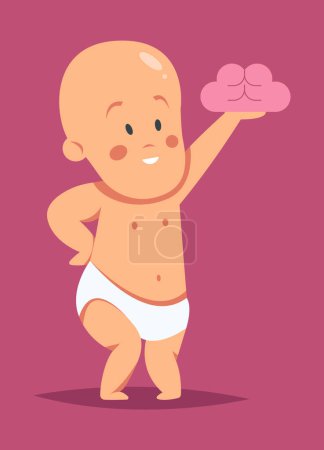 Brain surgery. Subjects of medical research, experiments in clinical laboratories. Brain in baby hand. Flat vector illustration.
