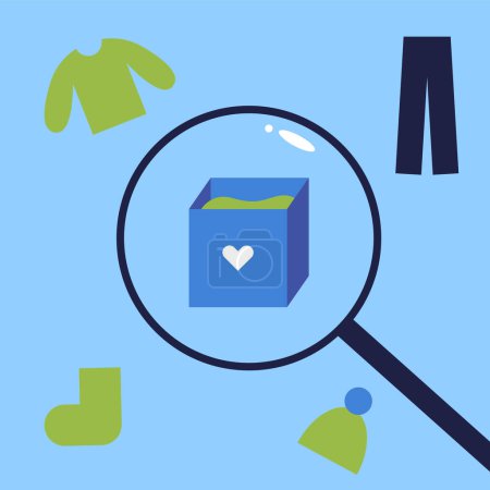 Donation boxes. Exchange of used clothes. Fashionable donation box for charity clothing in Magnifying Glass. Flat vector illustration.