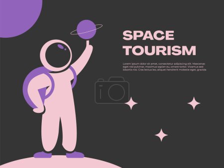 Concepto de turismo espacial. Un joven astronauta con un traje espacial en el cosmos. Colonias espaciales. Ilustración vectorial plana.