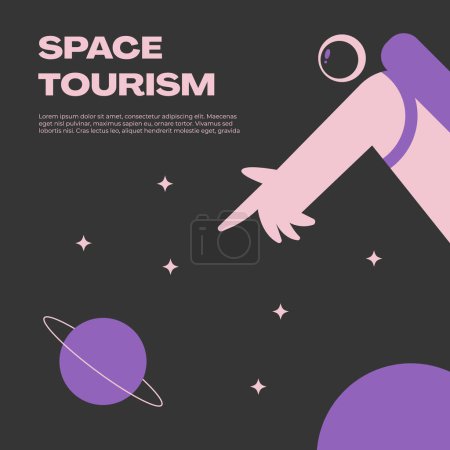 Hombre del turismo espacial. Joven astronauta en un traje espacial viajando con una bolsa en el cosmos. Ilustración vectorial plana.
