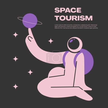 Turismo Espacial Humano. Joven astronauta en un traje espacial viajando con una bolsa en el cosmos. Ilustración vectorial plana.