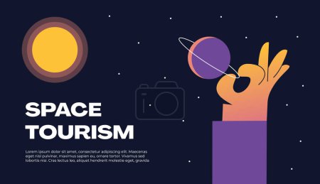 Concepto de turismo espacial. Joven astronauta en un traje espacial viajando con Saturno en la mano. Ilustración vectorial plana.