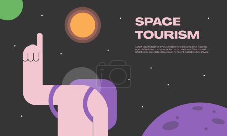 Concepto de turismo espacial. Joven astronauta en un traje espacial viajando con equipaje en el cosmos. Colonias espaciales. Ilustración vectorial plana.