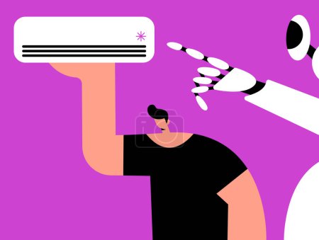 AI Robot help man cleans the air conditioner. Technologies of the future for a smart home. Flat vector illustration.