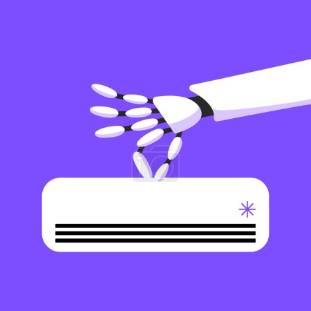 AI Robot Arm cleans the air conditioner. Technologies of the future for a smart home. Flat vector illustration.