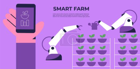 Smart-Farm-Kultivatoren App. Kultivierungsroboter mit künstlicher Intelligenz, die Zukunftstechnologien nutzen. Intelligente Gewächshäuser unter Robotermaschinen. Flache Vektorabbildung.