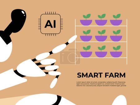 Intelligente Ackerbauern mit KI-Roboter. Kultivierungsroboter mit künstlicher Intelligenz, die Zukunftstechnologien nutzen. Intelligente Gewächshäuser unter Robotermaschinen. Flache Vektorabbildung.