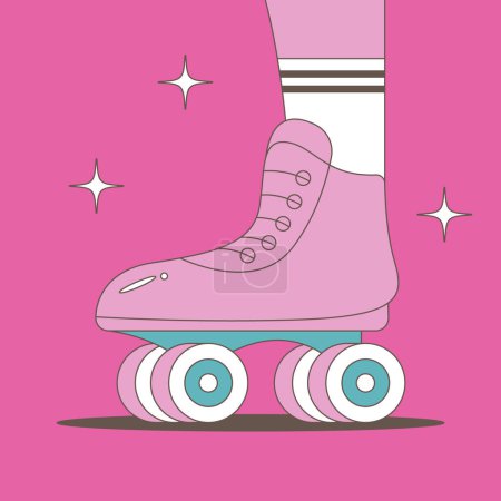 Leg of girl in retro roller skate and sock. Roller skating woman. 70s or 80s roller disco concept. Flat vector illustration