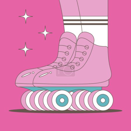 Legs of girls in retro roller skates and socks. Roller skating woman. 70s or 80s roller disco concept. Flat vector illustration