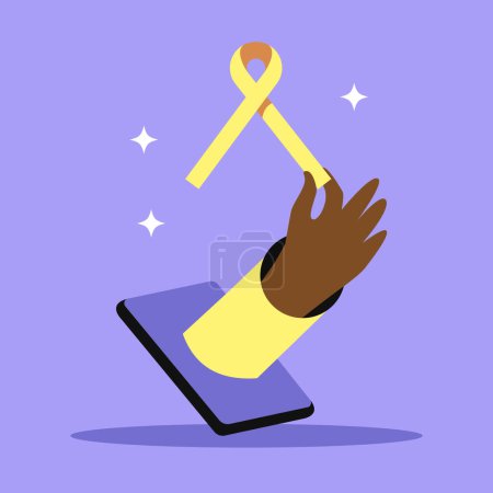 Suicide Prevention Month. Yellow September. Yellow ribbon from phone. World Suicide Prevention Day. 10 September. Flat vector illustration.