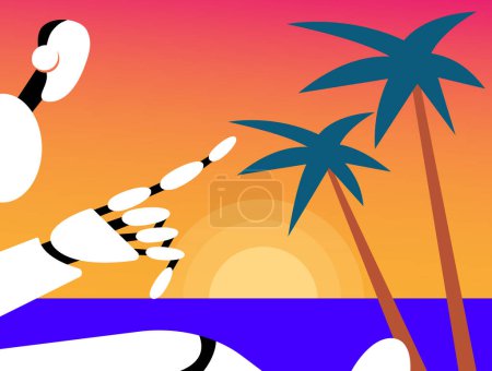 Ilustración de AI Robot turista de vacaciones toma el sol bajo una palmera en la playa. Ilustración vectorial plana. - Imagen libre de derechos