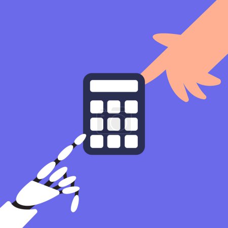 AI calculator. Robot with artificial intelligence and businessman helps make financial calculations. Flat vector illustration.