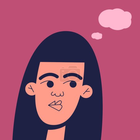 Dreamy woman. The girl looks to the side with excited interest. Female character dreams, thinks. Flat vector illustration.
