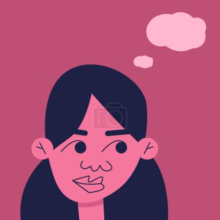 Happy dreamy Girl. Women looks to the side with excited interest. Female character dreams, thinks. Flat vector illustration.
