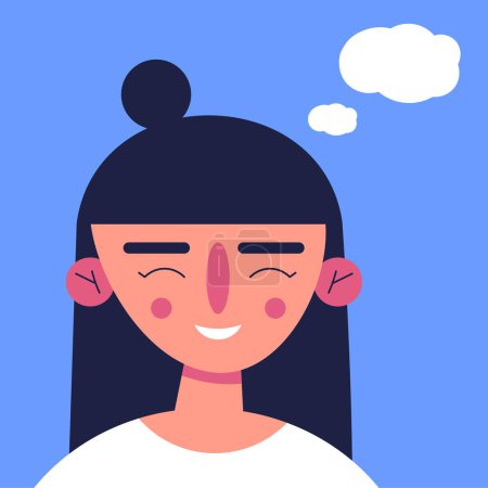 Happy dreamy woman. Girl with smile looks to the side with excited interest. Female character dreams, thinks. Flat vector illustration.