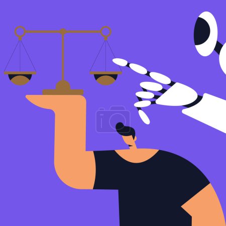 Online lawyer legal consultation. Scenes of law and justice. AI Robot Lawyer help client, the judge knocks with a wooden gavel. Flat vector illustration.