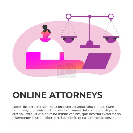 Law and justice concept judge's scales. Online lawyer legal consultation. Scenes of law and justice. Lawyer consults the client, the judge knocks with a wooden gavel. Flat vector illustration.