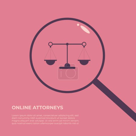 Law and justice concept judge's scales in magnifying glass. Online lawyer legal consultation. Scenes of law and justice. Flat vector illustration