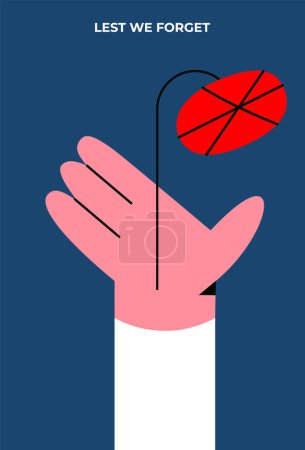 Remembrance day. Time of remembrance and reconciliation. Hand with flower. Lest we forget. Flat vector illustration.