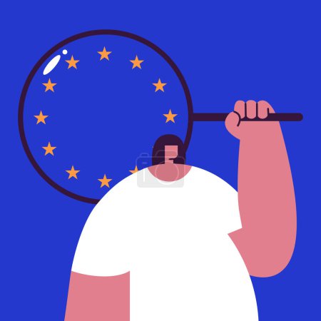 Europe Day. Girl Searching Europe flag. Flat vector illustration.
