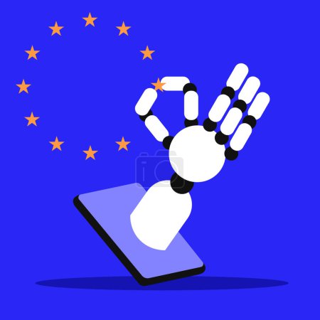 Europe Day. Ai app robot holds stars. Flat vector illustration.