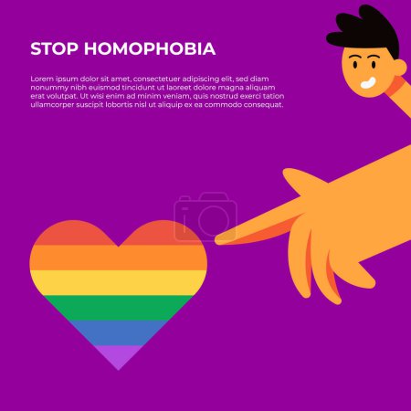 Stop Homophobia. 17 may. LGBT Pride rainbow hand protest symbol. Man points on heart. Flat vector illustration.