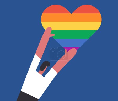 Basta de homofobia. 17 de mayo. Símbolo de protesta de mano arco iris Orgullo LGBT. Muchacho trae corazón. Ilustración vectorial plana.