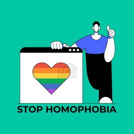 Stop Homophobia. 17 may. LGBT Pride rainbow hand protest symbol. Web window with text. Flat vector illustration.