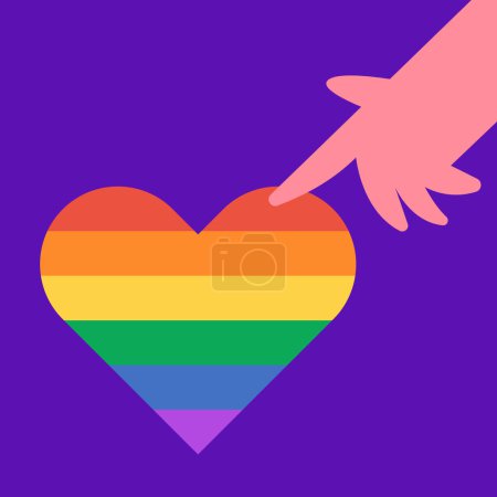 Stop Homophobia. 17 may. LGBT Pride rainbow hand protest symbol. Hand points to heart. Flat vector illustration.