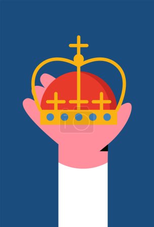 Téléchargez les illustrations : Roi Charles III Londres 2023. Main présentant couronne royale dorée sur fond bleu. Illustration vectorielle plate. - en licence libre de droit