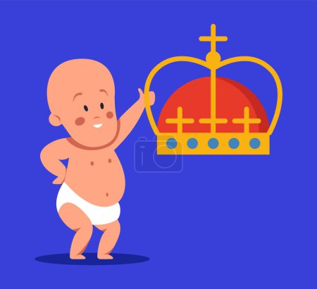 Téléchargez les illustrations : Roi Charles III Londres 2023. Bébé présentant couronne royale dorée sur fond bleu. Illustration vectorielle plate. - en licence libre de droit
