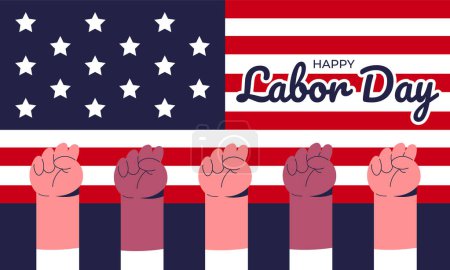 Feierlichkeiten zum Tag der Arbeit mit amerikanischen Flaggen. Solidarität von Arbeitnehmern unterschiedlicher Fachrichtungen. Gemeinschaft von Menschen mit unterschiedlichen Nationalitäten. Flache Vektorabbildung.