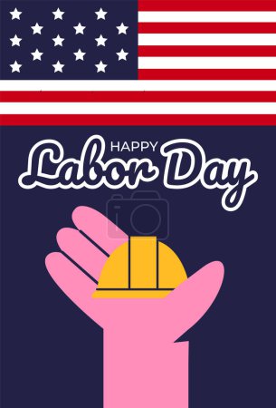 Celebración del Día del Trabajo con banderas americanas. Solidaridad de los trabajadores de diferentes especialidades. Ilustración vectorial plana.