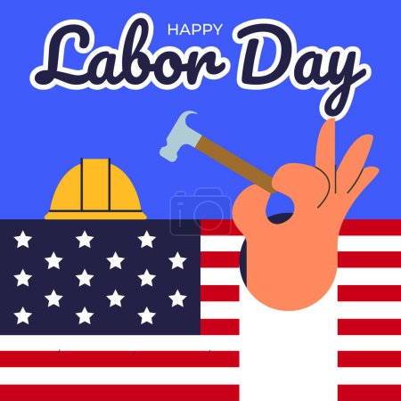 Feierlichkeiten zum Tag der Arbeit mit amerikanischen Fahnen und Arbeitern. Solidarität von Arbeitnehmern unterschiedlicher Fachrichtungen. Flache Vektorabbildung.