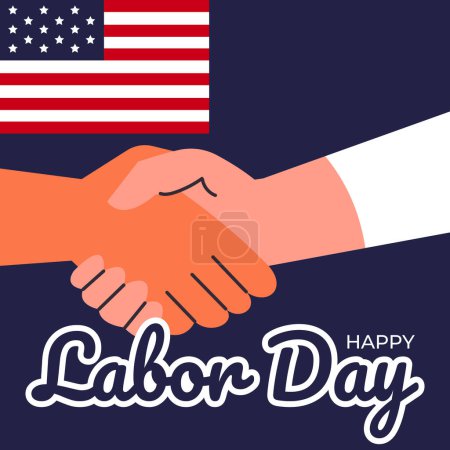 Celebración del Día del Trabajo con banderas americanas. Solidaridad de trabajadores de diferentes especialidades y nacionalidades. Ilustración vectorial plana.